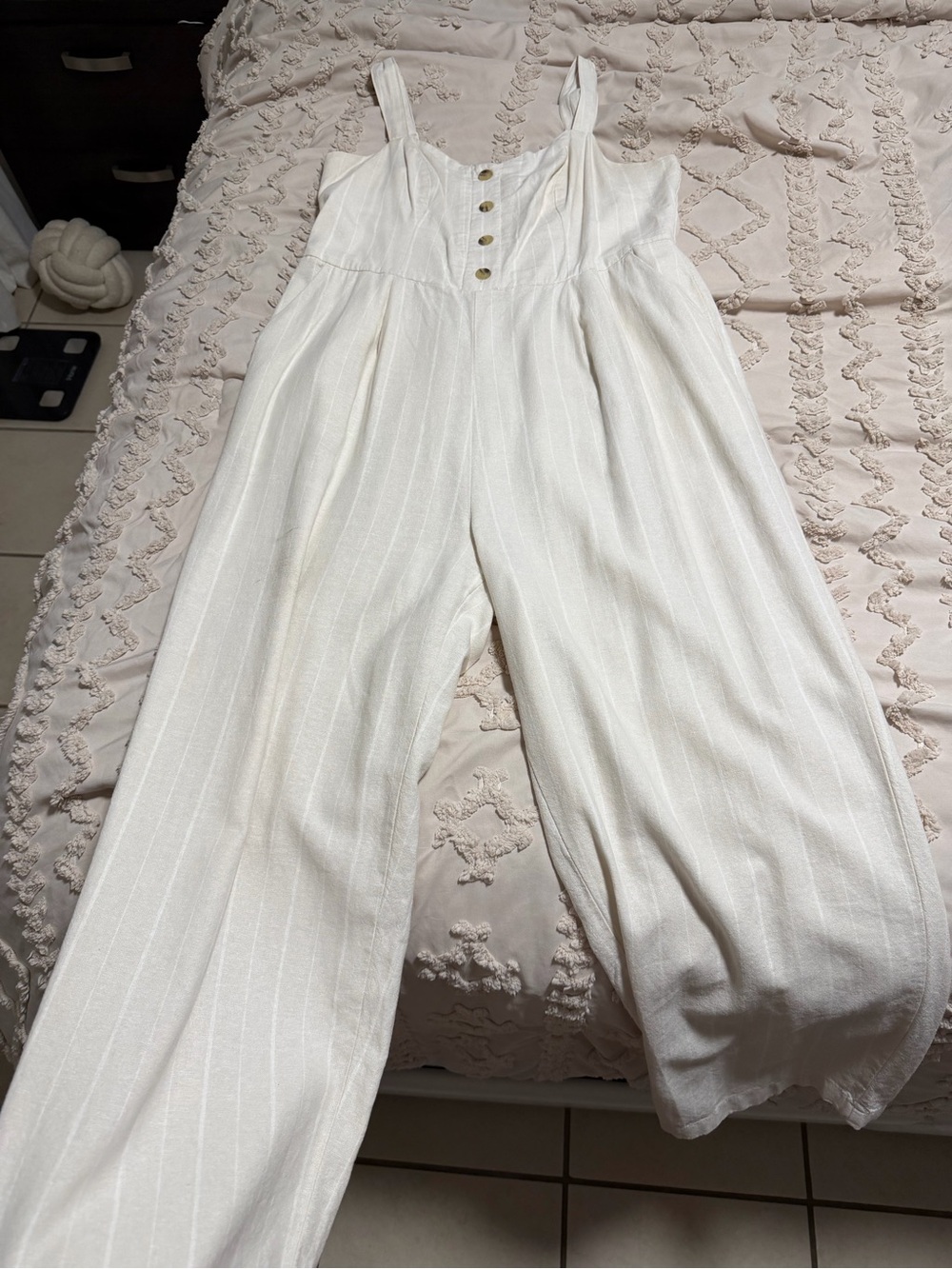 Old Navy Cream Striped Wide-Leg Button-Front Jumpsuit
